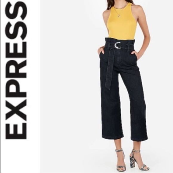 Express Cropped Wide Leg Super High Rise Dark Wash Jeans Size 6 NWT - Picture 1 of 10